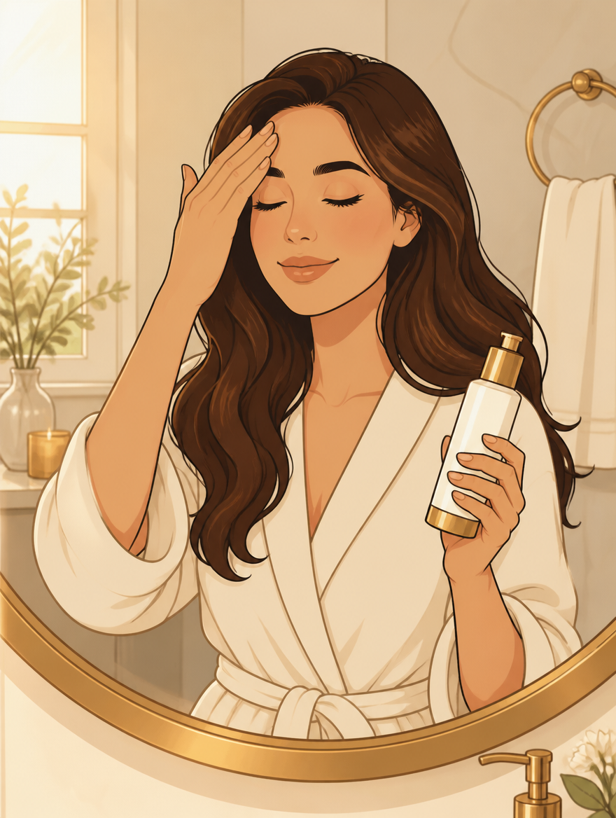 Woman calmly applying toner to her forehead