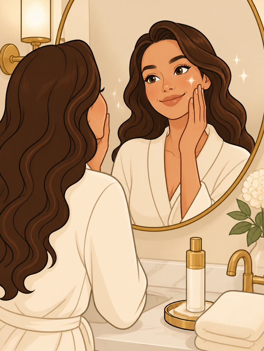 Woman admiring her radiant, glowing skin in the mirror