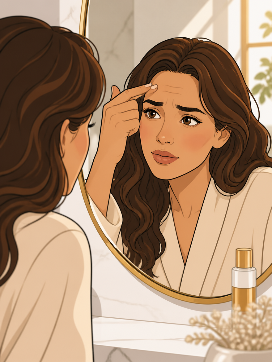 Woman examining fine lines on her forehead in the mirror