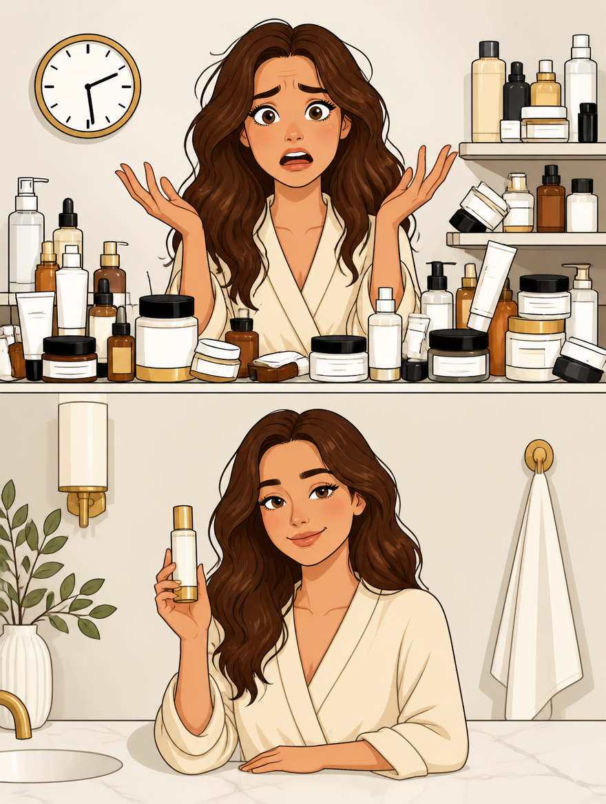 Cluttered stressful routine versus one simple toner step