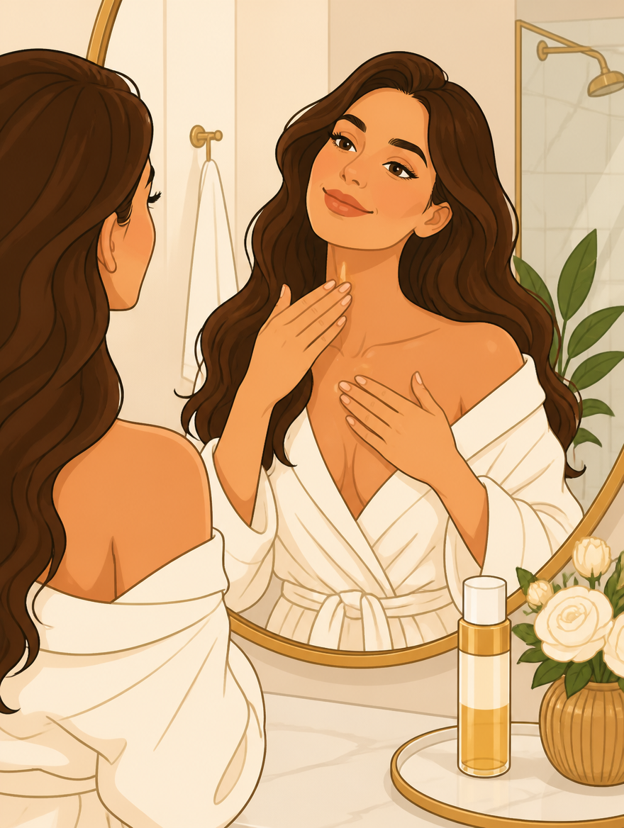 Woman applying toner to her neck and décolletage